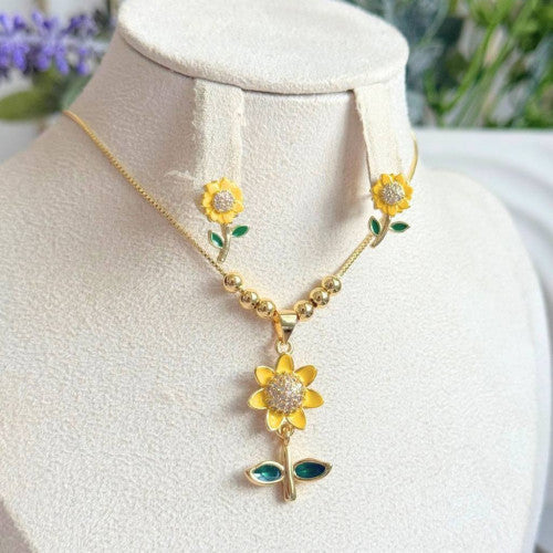 Set de Cadena y Aretes de Girasol Dorado